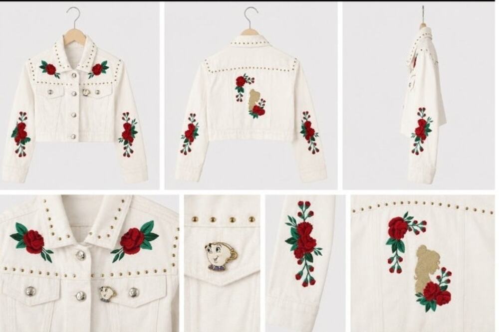 Disney Beauty & The Beast Girls 5/6 White Denim Jacket Chip Roses Embroidered
